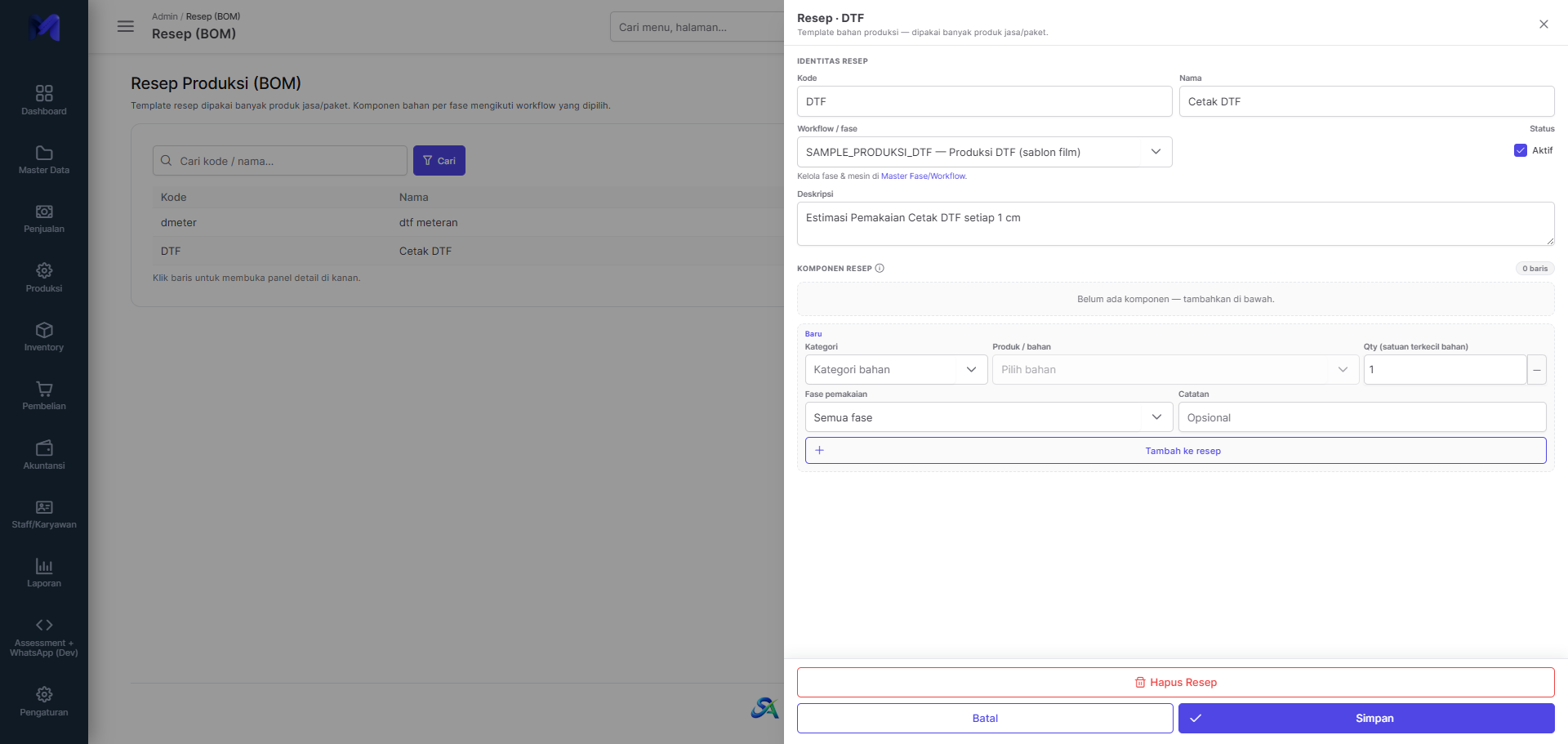 Form Edit dan Kelola Komponen Resep