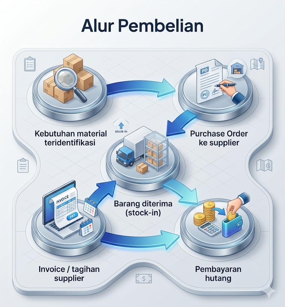 Diagram alur pembelian Maparel — dari identifikasi kebutuhan hingga pembayaran hutang