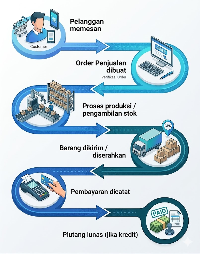 Diagram alur penjualan Maparel — dari pesanan pelanggan hingga pelunasan piutang